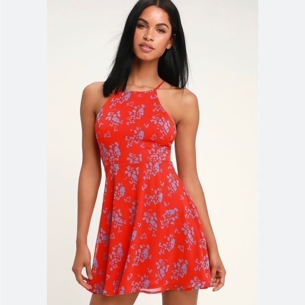 Lulu’s red and blue lace-up floral skater skirt dress